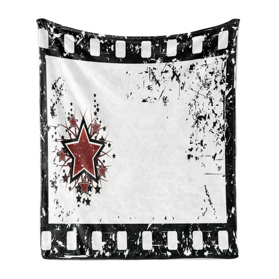 Movie Theater Soft Flannel Fleece Blanket, Grungy Illustration of Film Strip with Ornamental Stars Cinematography, Cozy Plush for Indoor and Outdoor Use, 60" x 80", Black White Ruby, by Ambesonne