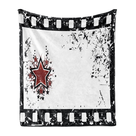 Movie Theater Soft Flannel Fleece Blanket, Grungy Illustration of Film Strip with Ornamental Stars Cinematography, Cozy Plush for Indoor and Outdoor Use, 60" x 80", Black White Ruby, by Ambesonne