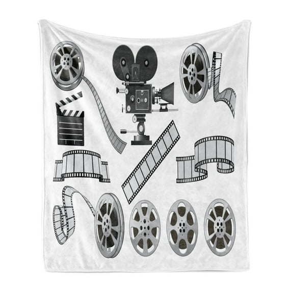 Movie Theater Soft Flannel Fleece Blanket, Movie Industry Themed Greyscale Illustration of Projector Film Slate and Reel, Cozy Plush for Indoor and Outdoor Use, 50" x 60", Grey Black, by Ambesonne
