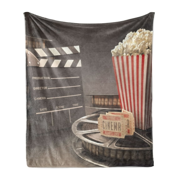 Movie Theater Soft Flannel Fleece Blanket, Old Fashion Entertainment Objects Related to Cinema Film Reel Motion Picture, Cozy Plush for Indoor and Outdoor Use, 70" x 90", Multicolor, by Ambesonne