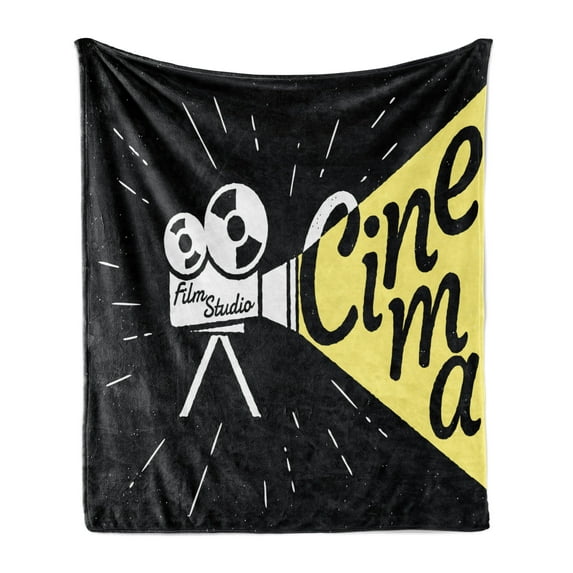 Movie Theater Soft Flannel Fleece Blanket, Movie Projector Sketch with Grunge Cinema Lettering on Black Backdrop, Cozy Plush for Indoor and Outdoor Use, 50" x 70", Yellow Black White, by Ambesonne