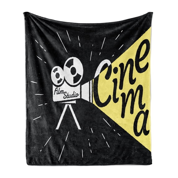 Movie Theater Soft Flannel Fleece Blanket, Movie Projector Sketch with Grunge Cinema Lettering on Black Backdrop, Cozy Plush for Indoor and Outdoor Use, 60" x 80", Yellow Black White, by Ambesonne