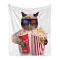 thumbnail image 1 of Movie Theater Soft Flannel Fleece Throw Blanket, Cat Popcorn and Drink Watching Film Glasses Entertainment Cinema Fun, Cozy Plush for Indoor and Outdoor Use, 60" x 80", Multicolor, by Ambesonne, 1 of 6
