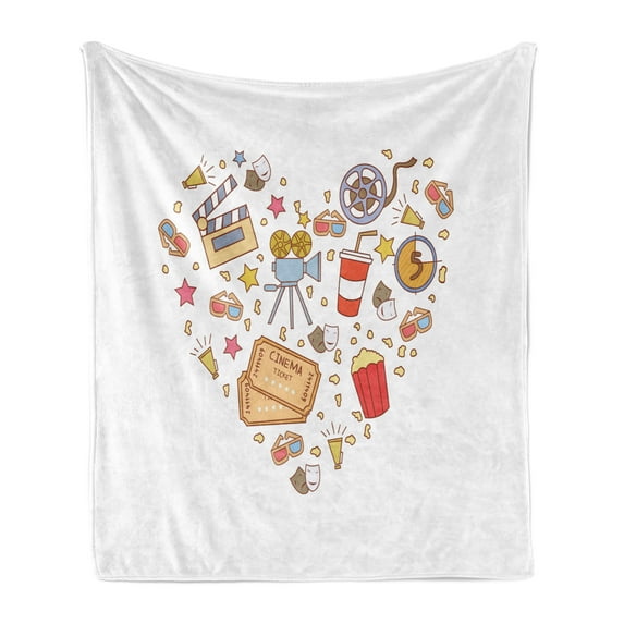 Movie Theater Soft Flannel Fleece Throw Blanket, Cinema Attribute Love Retro Pattern in the Shape of a Heart Colorful, Cozy Plush for Indoor and Outdoor Use, 60" x 80", Multicolor, by Ambesonne