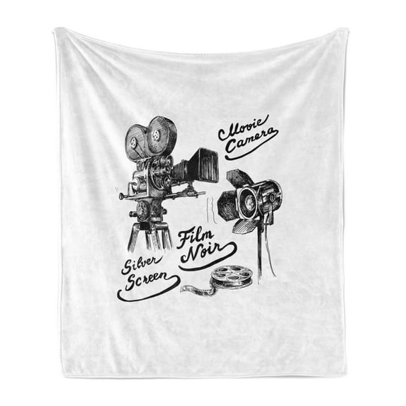 Movie Theater Soft Flannel Fleece Throw Blanket, Cinematography Themed Artwork with Old Camera and Equipment Vintage, Cozy Plush for Indoor and Outdoor Use, 50" x 70", Black White, by Ambesonne