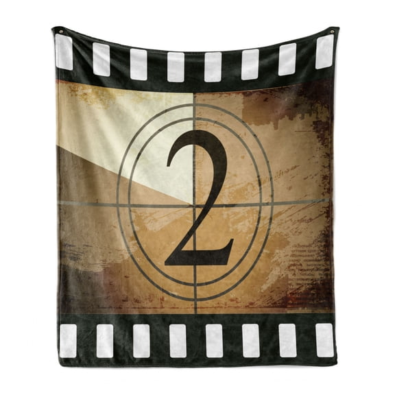 Movie Theater Soft Flannel Fleece Throw Blanket, Countdown Screen Illustration Number 2 on Grunge Background, Cozy Plush for Indoor and Outdoor Use, 50" x 70", Pale Brown Black White, by Ambesonne