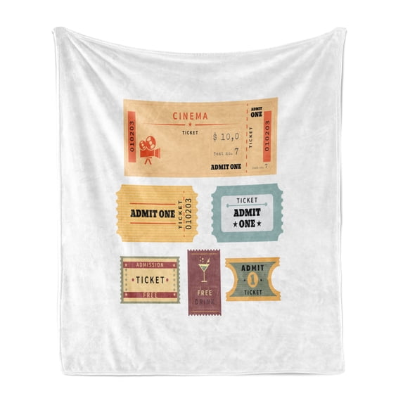 Movie Theater Soft Flannel Fleece Throw Blanket, Different Retro Tickets for Cinema and Other Events Vintage Illustration, Cozy Plush for Indoor and Outdoor Use, 70" x 90", Multicolor, by Ambesonne