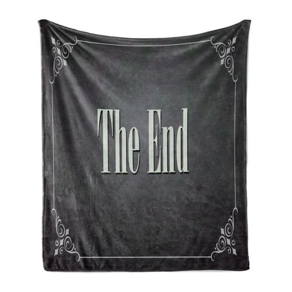 Movie Theater Soft Flannel Fleece Throw Blanket, End Words Swirled Frame on an Abstract Ombre Background, Cozy Plush for Indoor and Outdoor Use, 60" x 80", Charcoal Grey Cream, by Ambesonne