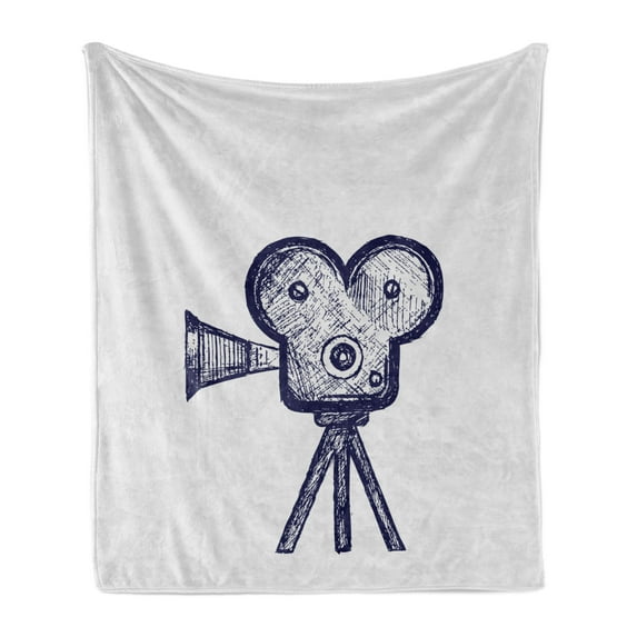 Movie Theater Soft Flannel Fleece Throw Blanket, Hand Drawn Sketch of a Video Projector in Blue Tones Cinema, Cozy Plush for Indoor and Outdoor Use, 50" x 70", Violet Blue Grey, by Ambesonne