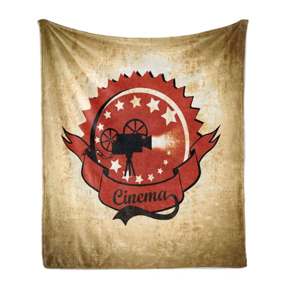 Movie Theater Soft Flannel Fleece Throw Blanket, Old Movie Camera Surrounded by Stars on Grungy Background, Cozy Plush for Indoor and Outdoor Use, 50" x 70", Pale Brown Vermilion, by Ambesonne