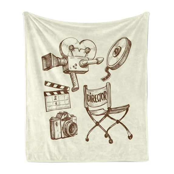 Movie Theater Soft Flannel Fleece Throw Blanket, Photography and Cinema Vintage Set in Sketch Art Style Director Shooting, Cozy Plush for Indoor and Outdoor Use, 60" x 80", Beige Brown, by Ambesonne
