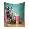 thumbnail image 1 of Movie Theater Soft Flannel Fleece Throw Blanket, Production Theme 3D Film Reels Clapperboard Tickets Popcorn and Megaphone, Cozy Plush for Indoor and Outdoor Use, 60" x 80", Multicolor, by Ambesonne, 1 of 5