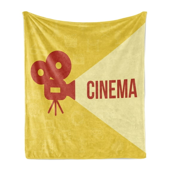 Movie Theater Soft Flannel Fleece Throw Blanket, Projector Silhouette with Cinema Words Movie Background, Cozy Plush for Indoor and Outdoor Use, 60" x 80", Dark Coral Beige Yellow, by Ambesonne