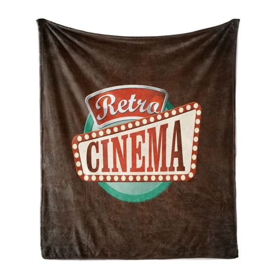 Movie Theater Soft Flannel Fleece Throw Blanket, Retro Style Cinema Sign Design Film Festival Hollywood Theme, Cozy Plush for Indoor and Outdoor Use, 50" x 70", Vermilion Turquoise, by Ambesonne