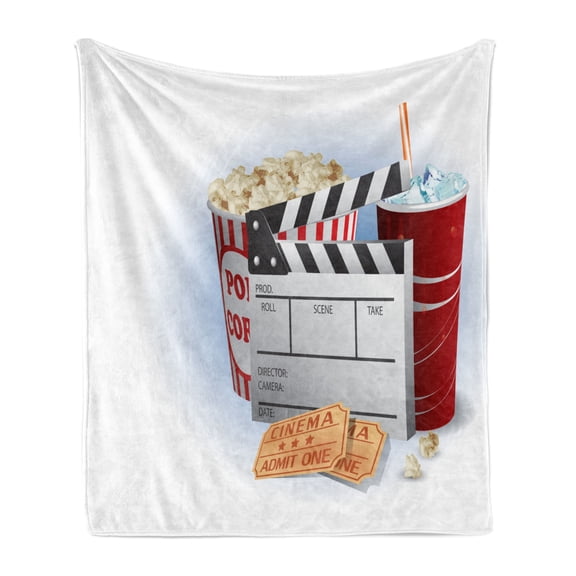 Movie Theater Soft Flannel Fleece Throw Blanket, Soda Tickets Fresh Popcorn and Clapper Board Blockbuster Premiere Cinema, Cozy Plush for Indoor and Outdoor Use, 60" x 80", Multicolor, by Ambesonne