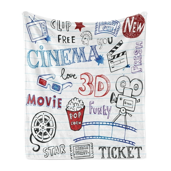 Movie Theater Soft Flannel Fleece Throw Blanket, Various Hand Drawn on a Notebook Page Style Backdrop Hollywood Fun, Cozy Plush for Indoor and Outdoor Use, 60" x 80", Multicolor, by Ambesonne