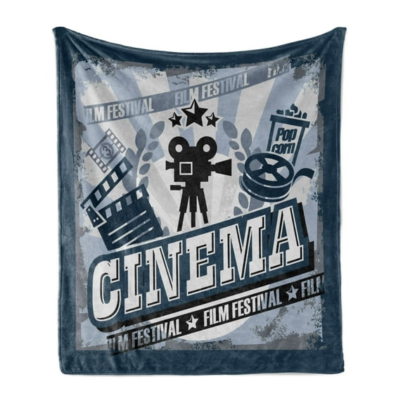 Movie Theater Soft Flannel Fleece Throw Blanket, Vintage Cinema Poster Design Grunge Effect and Old Fashioned, Cozy Plush for Indoor and Outdoor Use, 70" x 90", Blue Black Grey, by Ambesonne