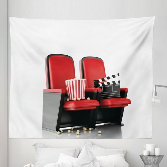 Movie Theater Tapestry, 3D Illustration Cinema Concept Clapper Board and Popcorn on Theater Seat, Fabric Wall Hanging Decor for Bedroom Living Room Dorm, 5 Sizes, Red Black White, by Ambesonne