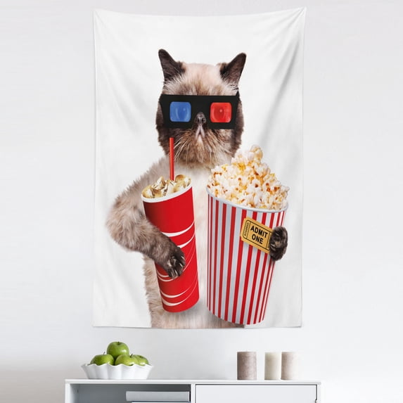 Movie Theater Tapestry, Cat Popcorn and Drink Watching Film Glasses Entertainment Cinema Fun, Fabric Wall Hanging Decor for Bedroom Living Room Dorm, 5 Sizes, Multicolor, by Ambesonne