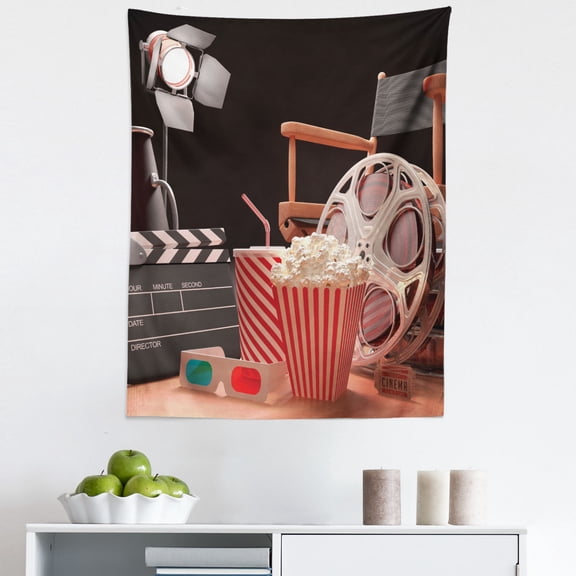 Movie Theater Tapestry, Objects of the Film Industry Hollywood Motion Picture Cinematography Concept, Fabric Wall Hanging Decor for Bedroom Living Room Dorm, 5 Sizes, Multicolor, by Ambesonne