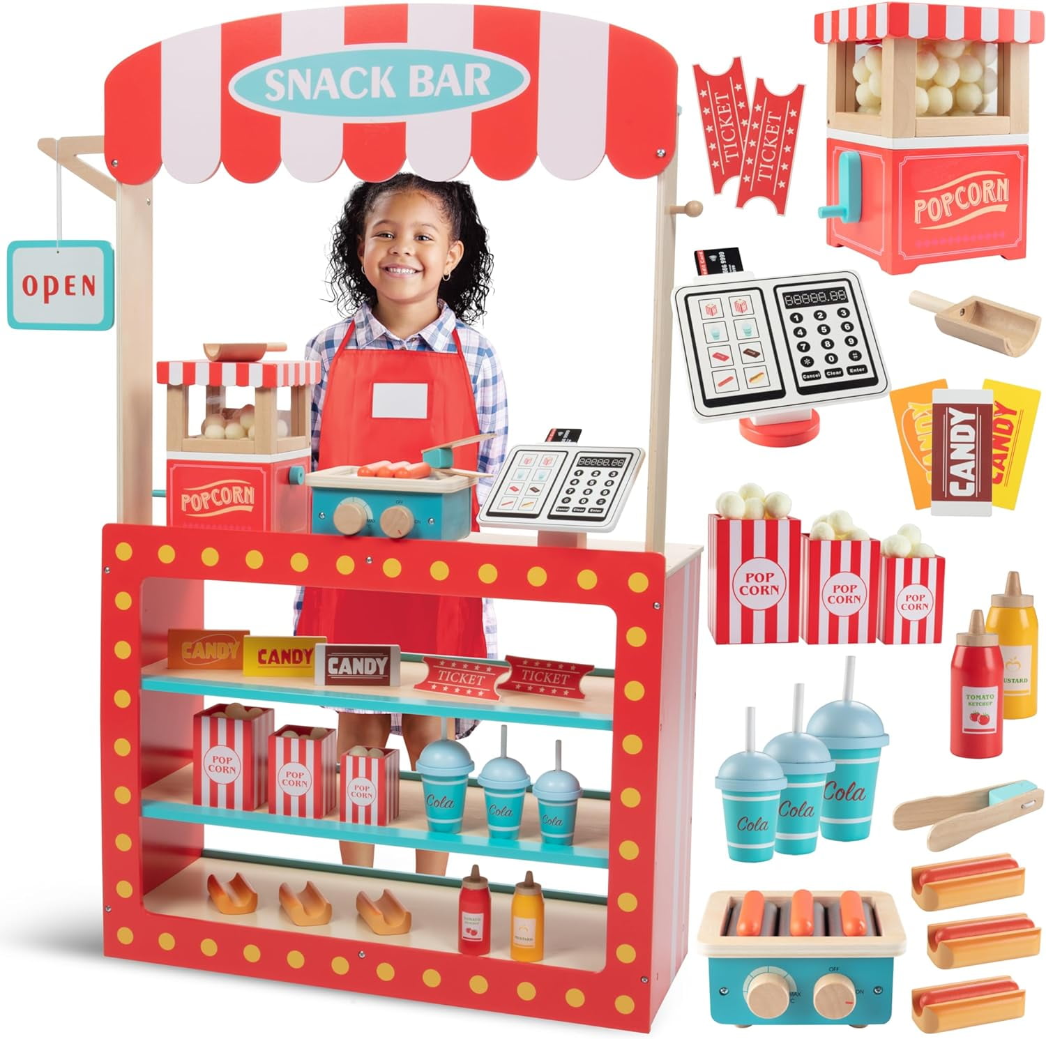 Movie Theatre Wooden Playset - Pretend Concession Stand with Popcorn ...