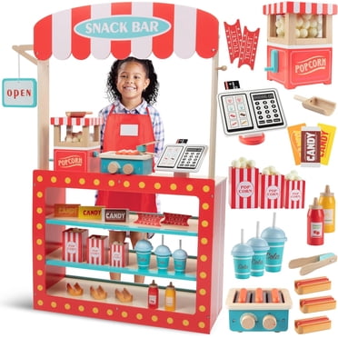 Movie Theatre Snack Bar Wooden Playset - Pretend Concession Stand Fun- Full Set Includes Popcorn Machine, Hot Dogs, Candy Bars, Sodas, Cash Register, Credit Card & More- Kids Play Food Activity Center