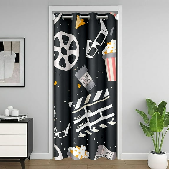 Movie Theme Blackout Curtain For Adult Teens,Popcorn Food Door Curtain For Doorway Privacy,Mid Century Black Cinema Door Drape,Night Film Ticket Theme Closet Curtain,34"W X 80"L Darkening