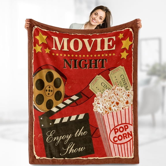 Movie Theme Blanket Gifts - Vintage Cinema Popcorn Movie Reel Modern Retro Decor Soft Warm Lightweight Fleece Cozy Fuzzy Birthday Christmas Blankets for Women Users Adults Teens 50"x60"