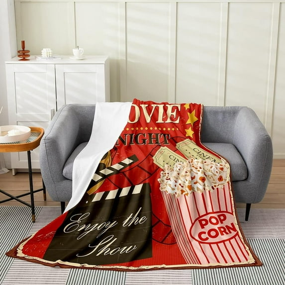 Movie Theme Blanket Gifts,Vintage Red Cinema Popcorn Fleece Blanket,Movie Night Filmstrip Printed Fuzzy Blanket Throw 50x60,Cinema Ticket Film Flannel Bed Blanket