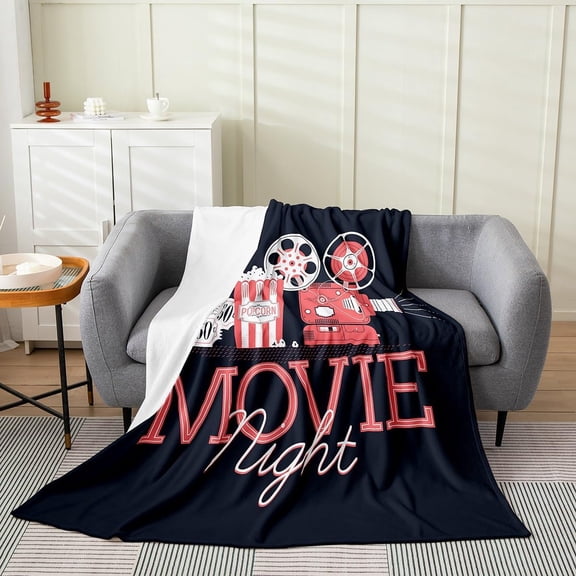 Movie Theme Throw Blanket Baby Size, Home Theater Decor Fleece Blanket for Bed Sofa, Vintage Cinema Fuzzy Blanket, Cinema Ticket Clapboard Popcorn Filmstrip Plush Bed Blanket Soft Lightweight