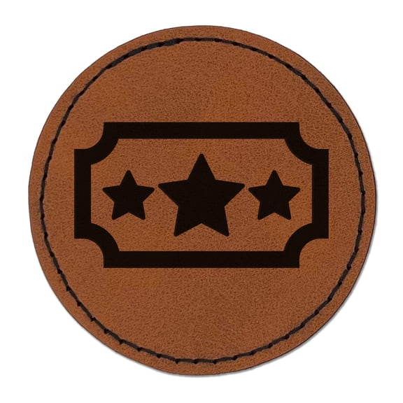 Movie Ticket with Stars Raffle Ticket Solid 2.5" Faux Leather Round Engraved Iron-On Patch - Brown