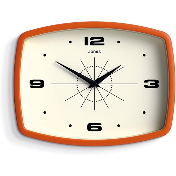 Movie Wall Clock | Rectangular Retro Clock | 10 inch | Orange | Cool mid-Century Designer Look for Kitchen, Living Room or Office