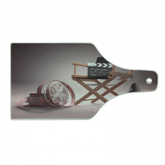 Movies Cutting Board, Directors Chair Seat Movie Lover Film Set Studios Strip Ribbon Storyboard, Tempered Glass Cutting and Serving Board, Wine Bottle Shape, Dark Mauve Dark Grey, by Ambesonne