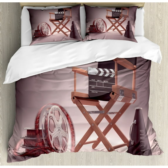 Movies Duvet Cover Set King Size, Directors Chair Seat Movie Lover Film Set Studios Strip Ribbon Storyboard, Decorative 3 Piece Bedding Set with 2 Pillow Shams, Umber Black and Brown, by Ambesonne