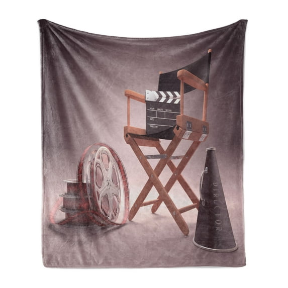 Movies Soft Flannel Fleece Blanket, Directors Chair Seat Movie Lover Film Set Studios Strip Ribbon Storyboard, Cozy Plush for Indoor and Outdoor Use, 60" x 80", Dark Mauve Dark Grey, by Ambesonne