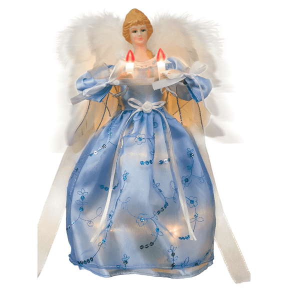 Moving Angel Christmas Tree Topper with Lights, 12 inch Blue Cloth, Separately Controlled Flapping Wings and Bright LEDs, 6 on / 18 off Hours Cycle