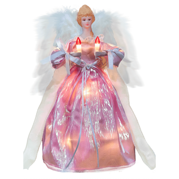 Moving Angel Tree Topper with Lights, 12’’ in Pink Cloth, Separately Controlled Flapping Wings and Bright LEDs, 6 On / 18 Off Hours Cycle