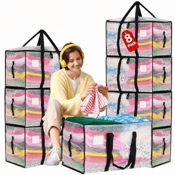 Moving Bags Heavy Duty Extra Large Alternative for Moving Boxes Moving plies Clear Storage Bins with Lids Plastic Packing Tote Storage Bags for Clothes with Handles Zippers Clear 8 Pack