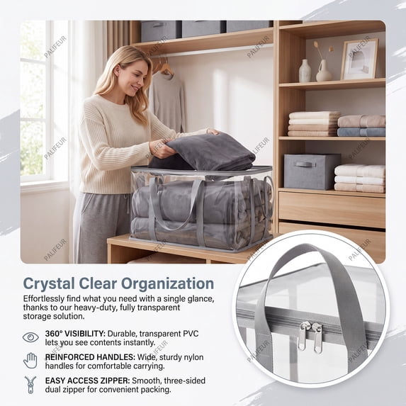 Moving Bags Heavy Duty Extra Large Clear Storage Bags for Clothes with Handles and Zipper Waterproof Clothes Storage Containers for Moving by PALIFEUR