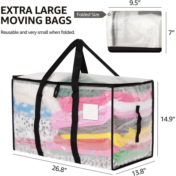 Moving Bags - Heavy Duty Extra Large, Clear Storage Bins with Lids, 10 Pack