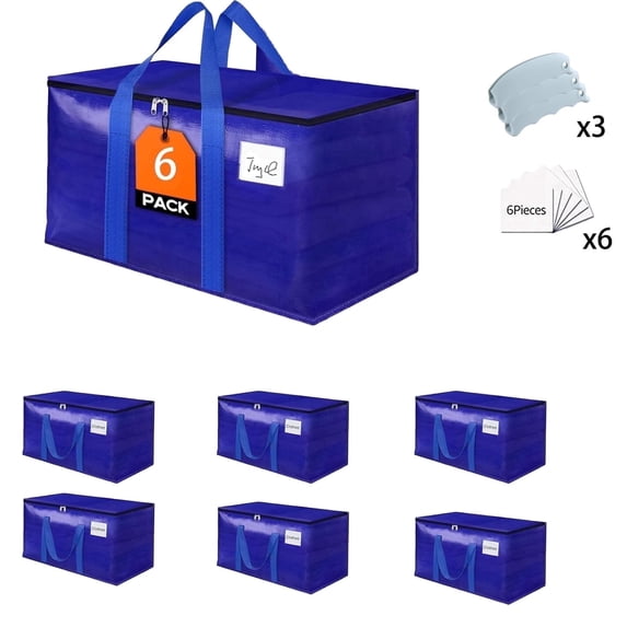 Moving Bags Heavy Duty Extra Large, Moving Storage Bags for Moving, Camping, College Dorm Room Essentials for Girls, Blue Tote Bags, Reinforced Handles and Tag Pocket, Blue,6 Pack