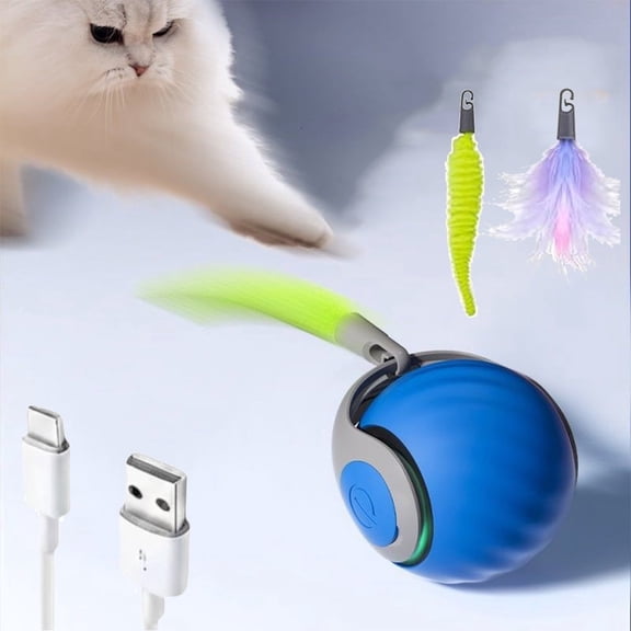 Moving Ball Cat Toys with Feather Tail, Interactive Cat Toys for Indoor Cats, Smart Automatic Rolling Pet Ball, 2 Speeds Rechargeable Cat Enrichment Toys for Bored Kitten Pet Cats Dogs