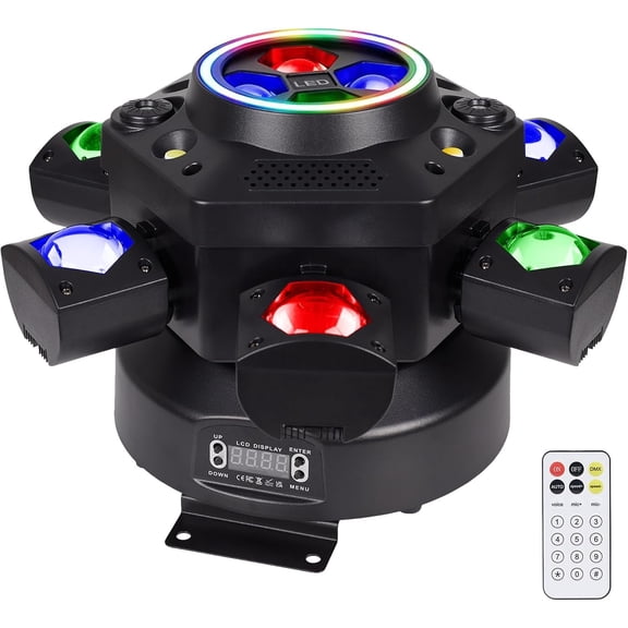 Moving DJ Lights 150W RGBW, 6-Arm Party Stage Light with Remote | 150W RGBW 6-arm beams, LED strip, DMX-512 & sound-activated, quiet , beam through haze/fog, party use
