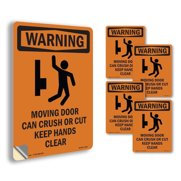 Moving Door Can Crush With Symbol OSHA WARNING Vinyl Decal Label 5 Inch x 3.5 Inch - 5 Pack