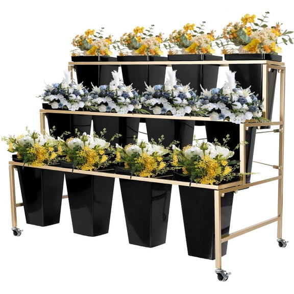 Moving Florist Bouquet Shelf, 3 - Layer Design, Sturdy Metal, Flower Display Stand, Home, Florist, Garden (Gold)