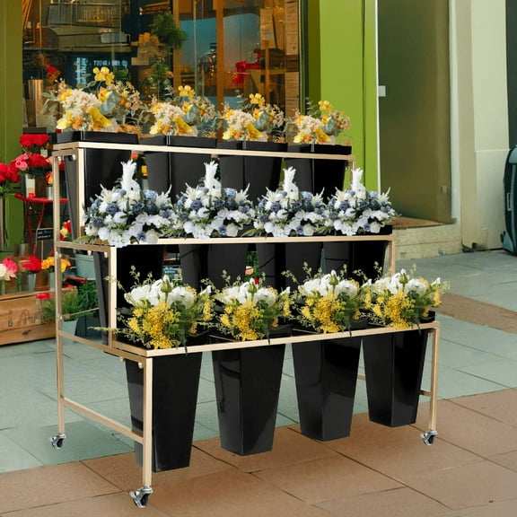 Moving Florist Bouquet Shelf, 3-Layers, 12 Buckets, Easy Assembly, Flower Display Stand, Home, Shop, Office (Gold)