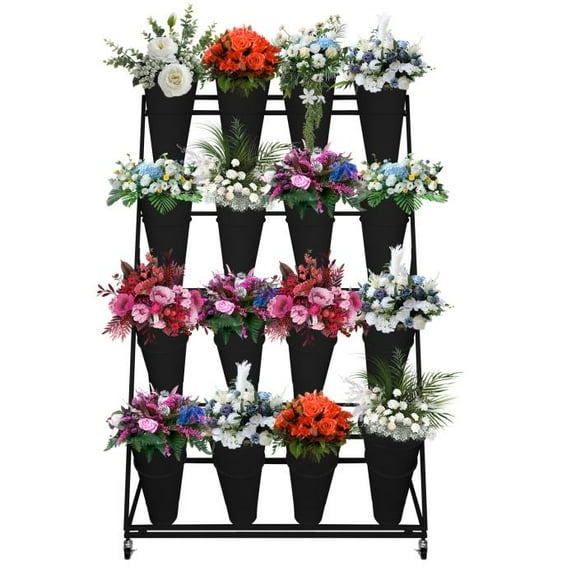 Moving Florist Bouquet Shelf, 360° Wheels, Easy Assembly, Sturdy Metal, 4 Layers Flower Display Stand, for Party, Wedding , Home, Florist, Garden