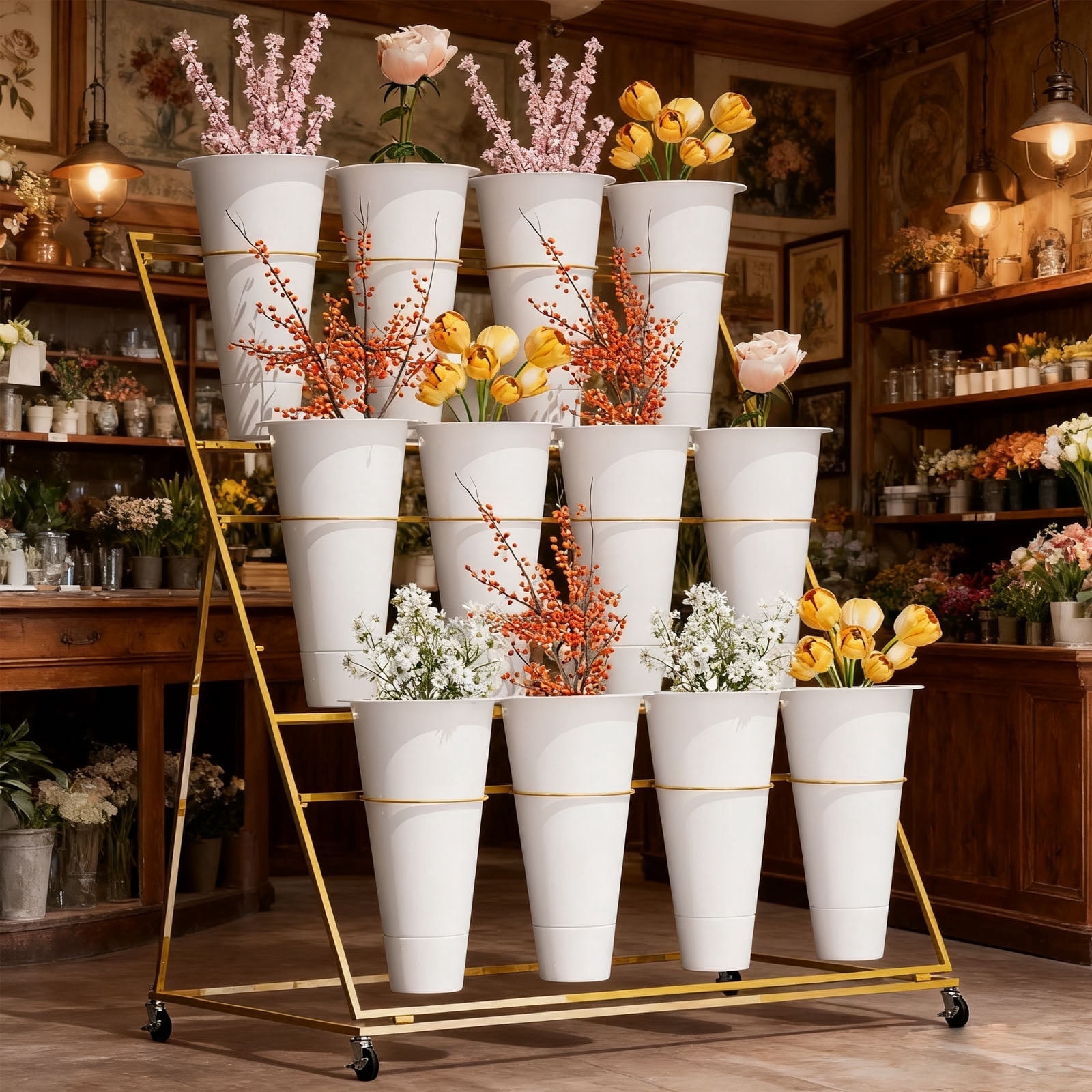 Movable Flower Rack Moving Flower Display Stand with Wheels, 3-Tier Floral Cart with 12 ...