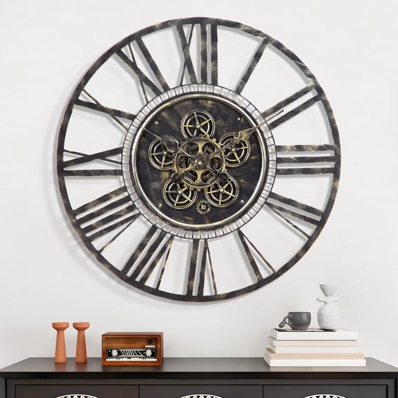 Moving Gear Large Wall Clock 20inch/50cm Bronze, Decorative Wall Clocks for Living Room, Unique Farmhouse Steampunk Metal Wall Clock Decor, Office Wall Clocks