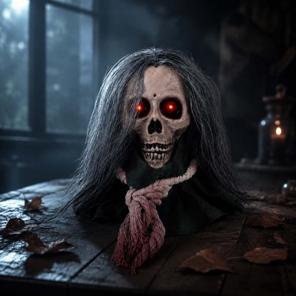 Moving Halloween Skull Head Prop, Creepy Long Haired Hanging Skeleton Decor, Spooky Skull Ornament for Halloween Party Indoor Outdoor